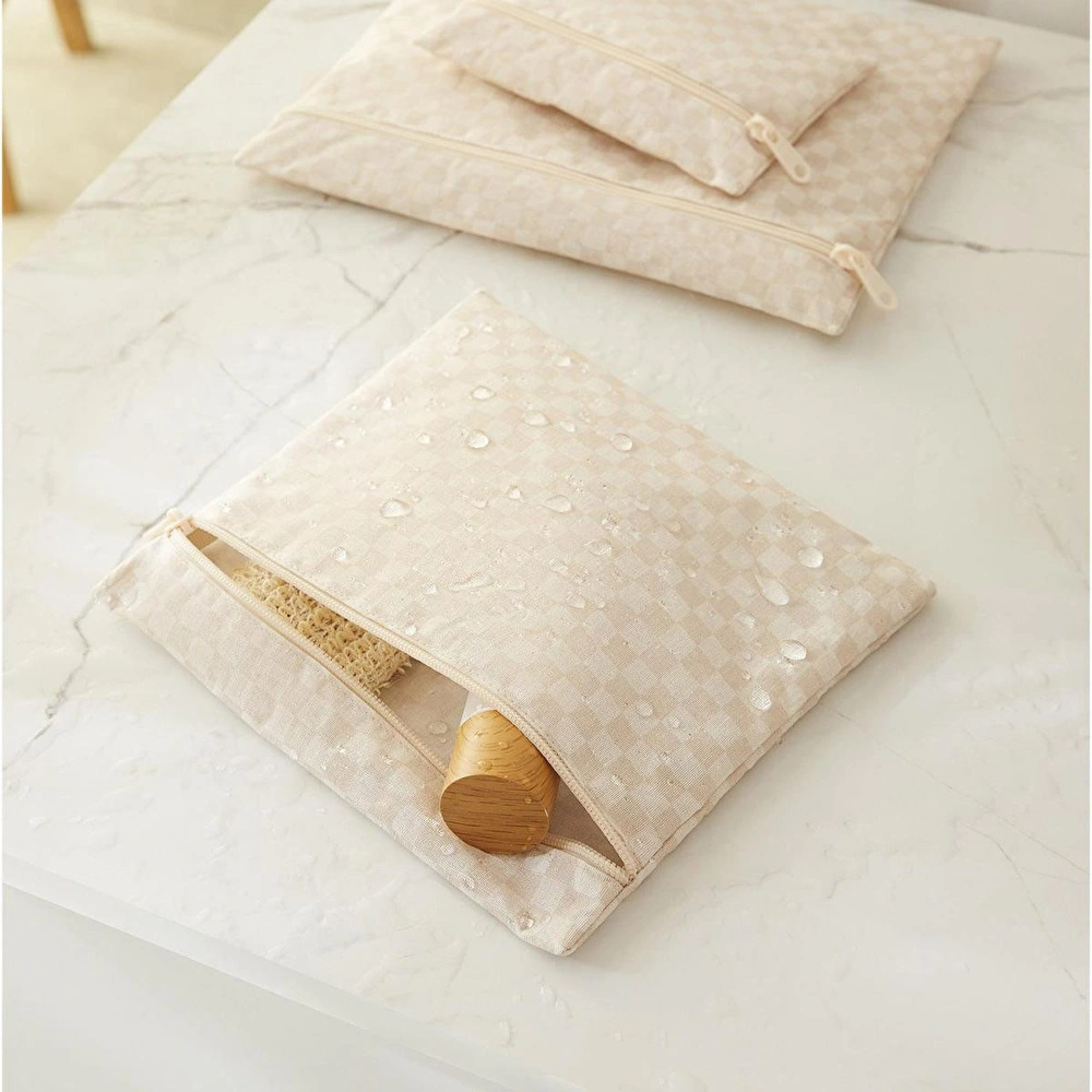 Ocean Home Textile 3'lü Su Geçirmez Pvc Astarlı Bej Dama Desen Islak Kuru Çantası 20 X 13 / 24 X 20 / 30 X 24 Cm görseli 1
