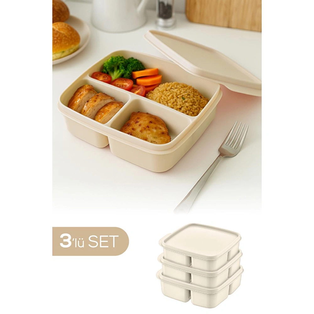 Vienev 3'lü Set Bölmeli Kare Saklama Kabı Bej görseli 1