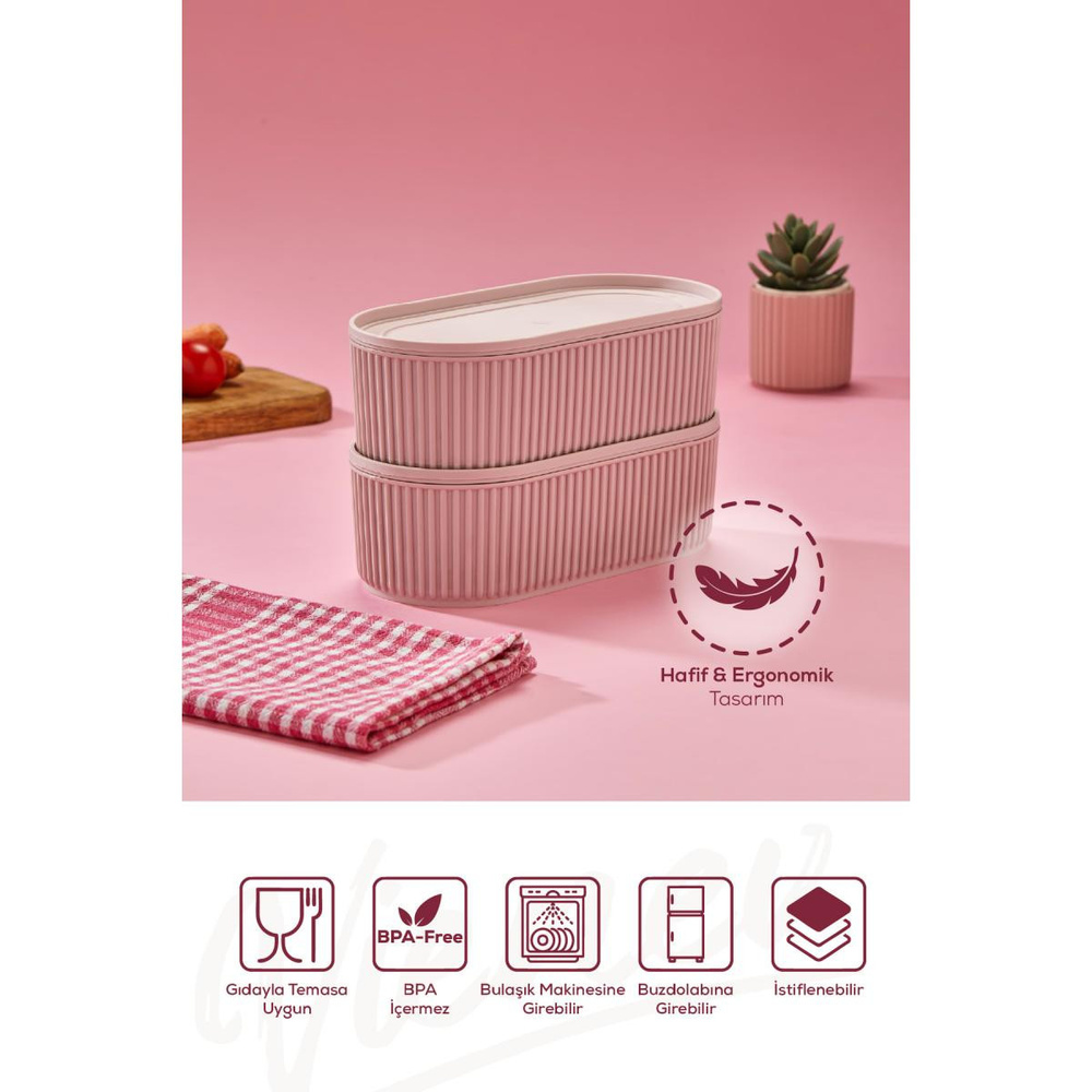 Vienev 2'li Elastik Bantlı İstiflenebilir Pratik Saklama Kabı Seti 2x(1100 Ml) Pembe görseli 4