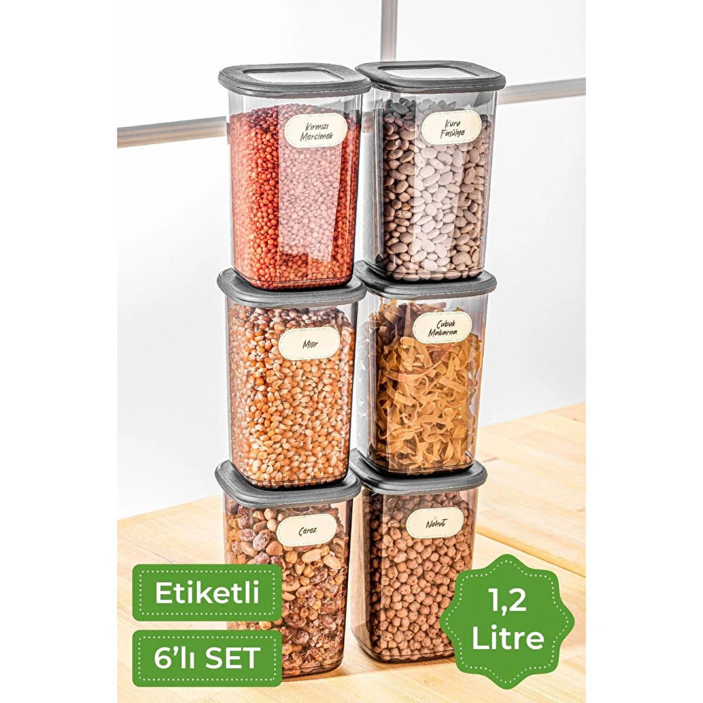 Vienev Etiketli Kare Erzak Saklama Kabı 6'lı Set Orta Boy 1,2 Litre Antrasit görseli 1