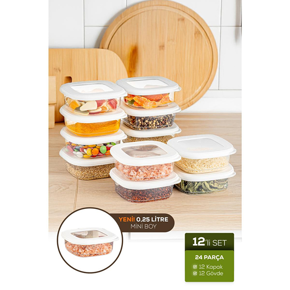 Vienev 12'li Etiketli Lux Hava Geçirmez Erzak Ve Baharat Saklama Kabı Seti 0,25 Lt Beyaz görseli 1