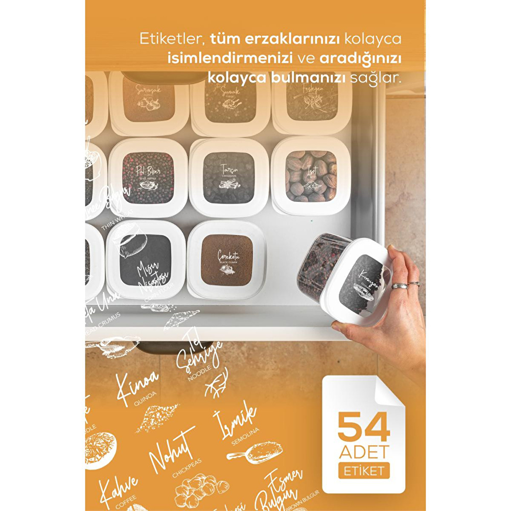 Vienev 12'li Etiketli Lux Hava Geçirmez Erzak Ve Baharat Saklama Kabı Seti 0,25 Lt Beyaz görseli 5