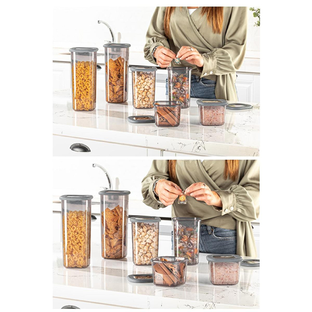 Vienev Etiketli Kare Erzak Saklama Kabı 6'lı Set 2x(0,55 Litre, 1,2 Litre, 1,75 Litre) Antrasit görseli 3