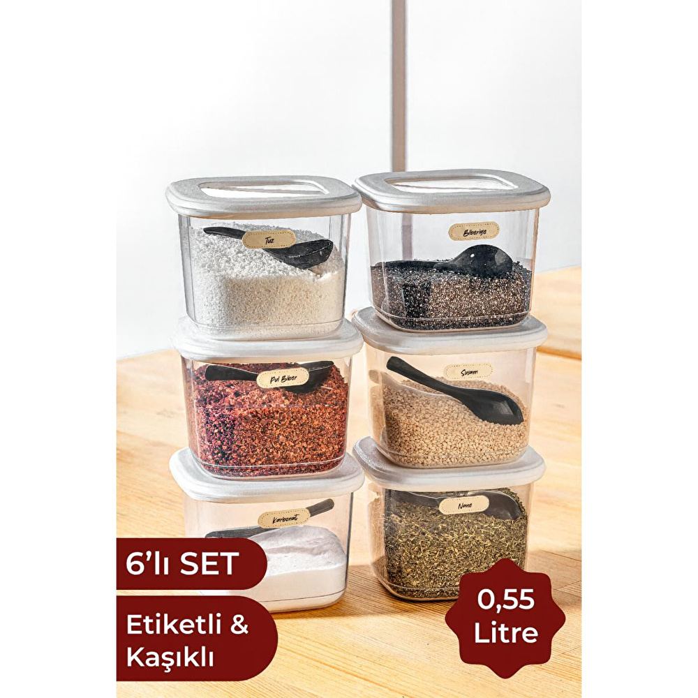 Vienev Etiketli Kaşıklı Kare Erzak Saklama Kabı 6'lı Set Küçük Boy 0,55 Litre Beyaz görseli 1