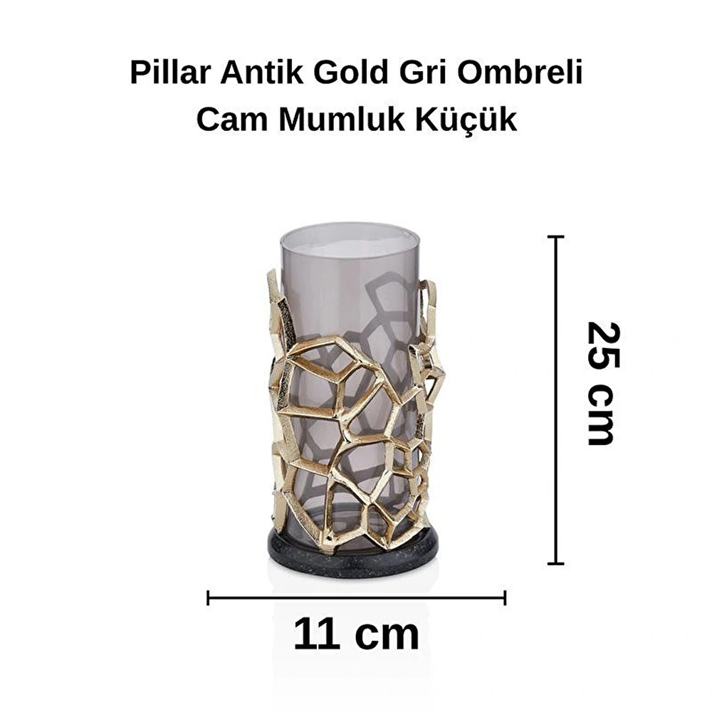 Cornella Pillar Antik Gold Gri Ombreli Cam Mumluk Küçük Ağız :11 Cm X Boy:25 Cm görseli 2