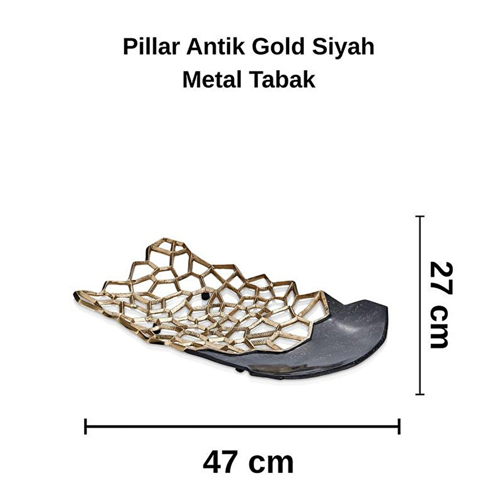 Cornella Pillar Antik Gold Siyah Metal Tabak En:27 Cm X Boy:47 Cm görseli 2