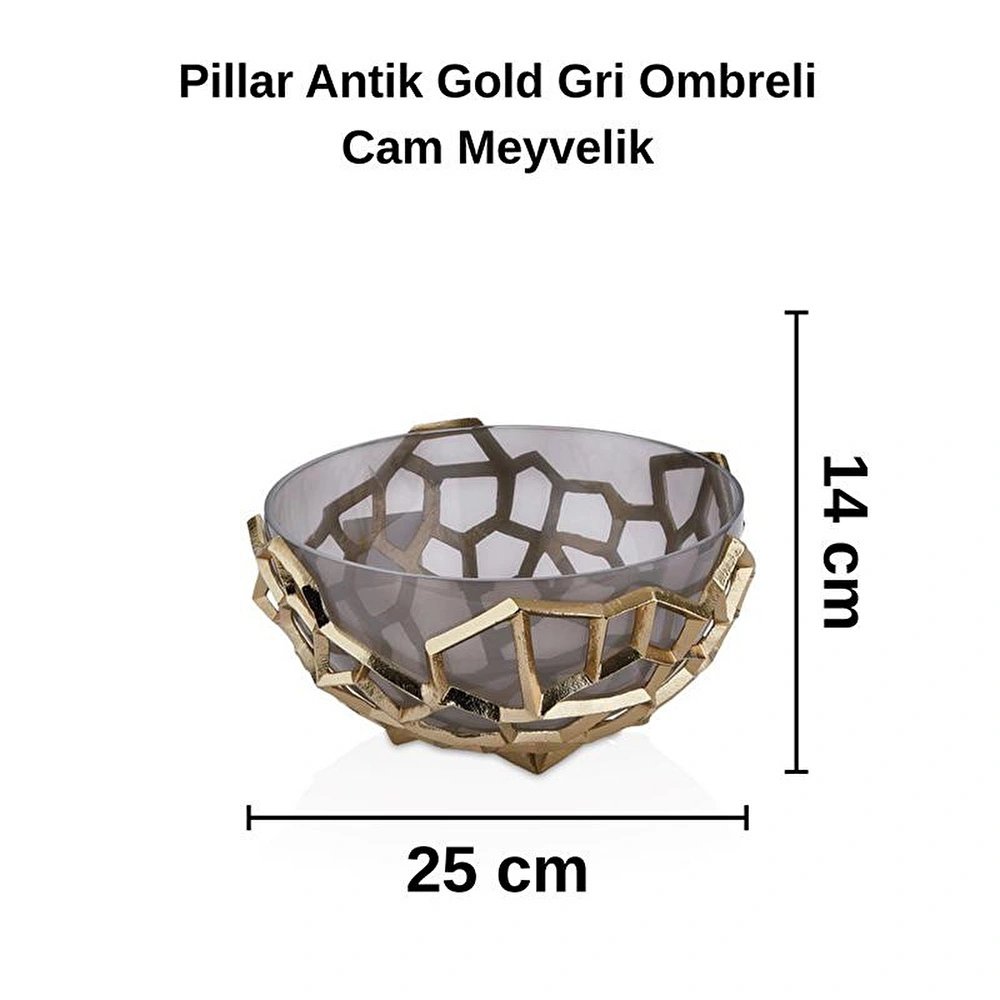 Cornella Pillar Antik Gold Gri Ombreli Cam Meyvelik Çap:25 Cm X Boy:14 Cm görseli 2