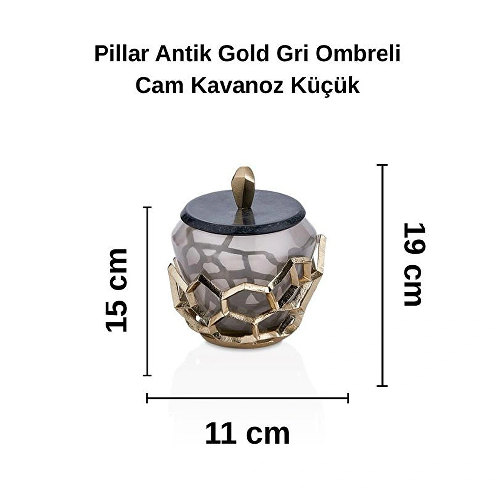 Cornella Pillar Antik Gold Gri Ombreli Cam Kavanoz Küçük Ağız:11 Cm X Boy:15 Cm X Tümü:19 Cm görseli 2