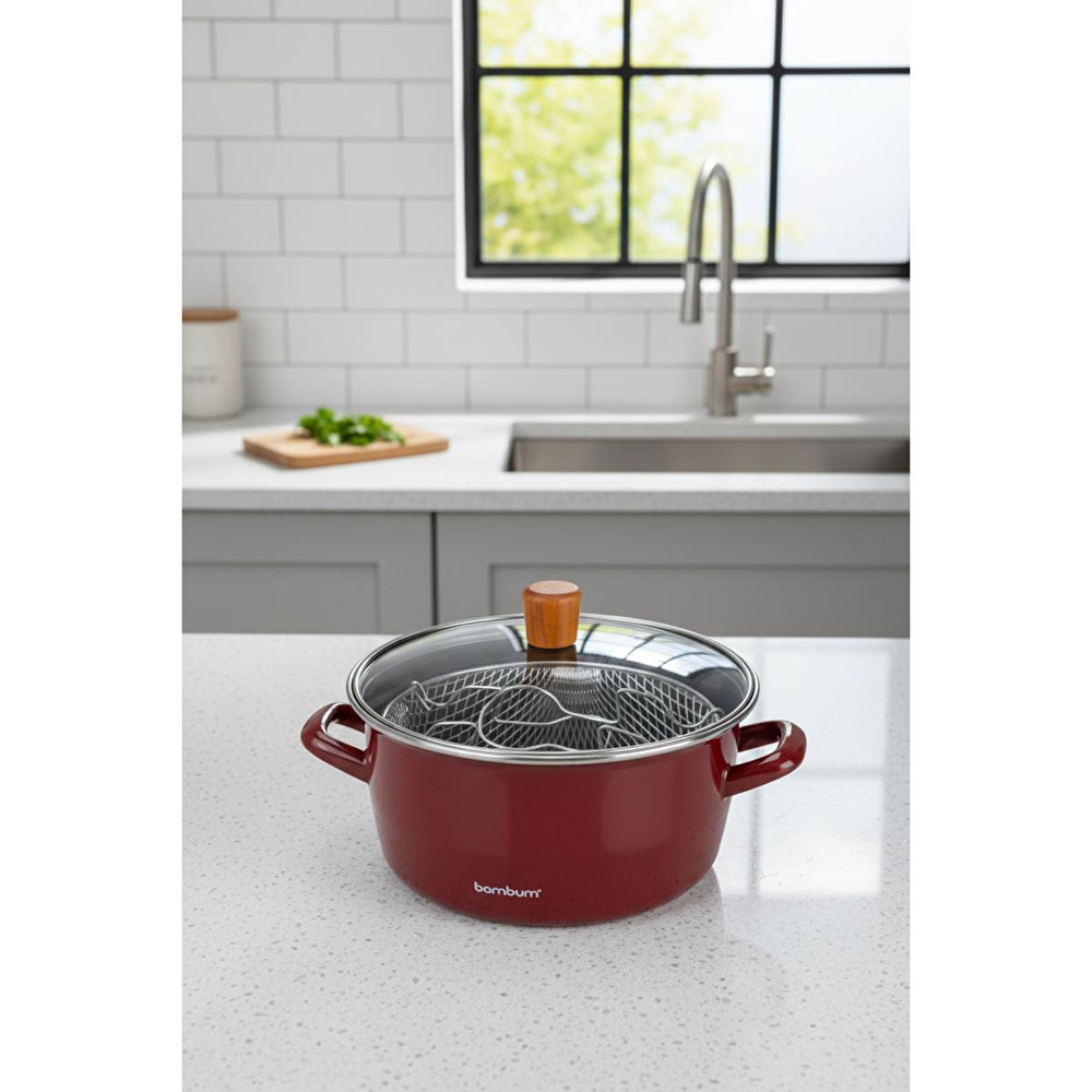 Bambum Nostalji Kızartma Tenceresi Bordo 22 Cm görseli 2
