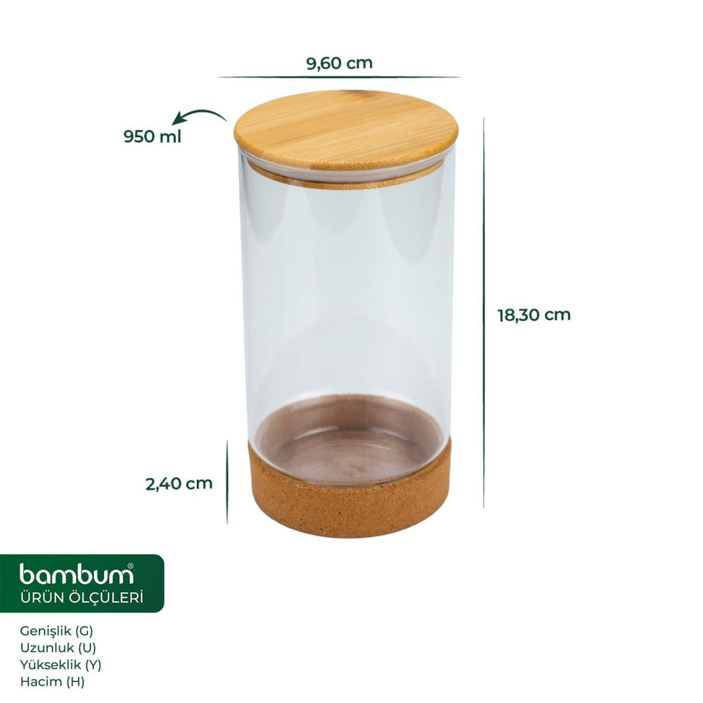 Bambum Corki Mantar Altlıklı Cam Saklama Kabı 950ml görseli 2