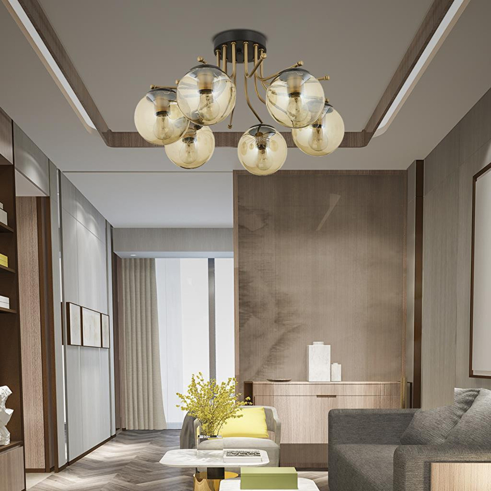 Apliqa Edin 6lı Siyah Eskitme Bal Camlı Modern Genç Odası Yatak Odası Salon Avize görseli 1