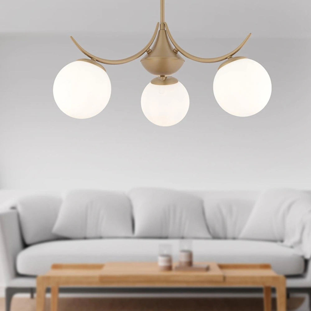 Apliqa Germaine 3'lü Yuvarlak Eskitme Beyaz Camlı Modern Oturma Odası Salon Avize görseli 1