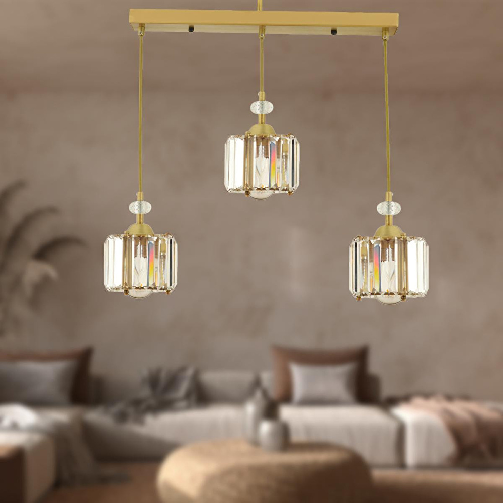 Apliqa Bonita Eskitme 3 Lü Sıralı Kristalli Taşlı Modern Tasarım Kristal Salon Sarkıt Avize görseli 1
