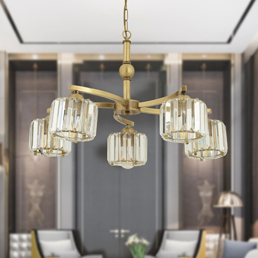 Apliqa Amir 5 Kollu Eskitme Kristalli Taşlı Modern Tasarım Kristal Salon Avize görseli 2