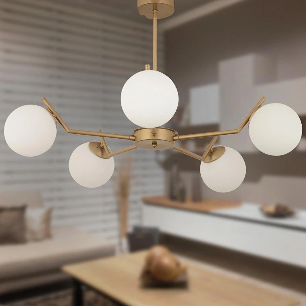 Apliqa Sara 5li Eskitme Boyalı Beyaz Camlı Modern Genç Odası Yemek Masası Üstü Salon Avize görseli 1