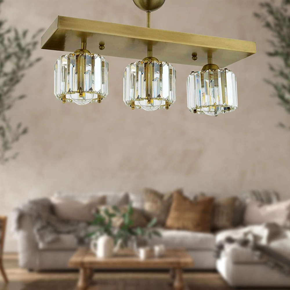 Apliqa Sabrina 3 Lü Sıralı Eskitme Plafonyer Kristalli Taşlı Modern Tasarım Kristal Salon Avize görseli 1