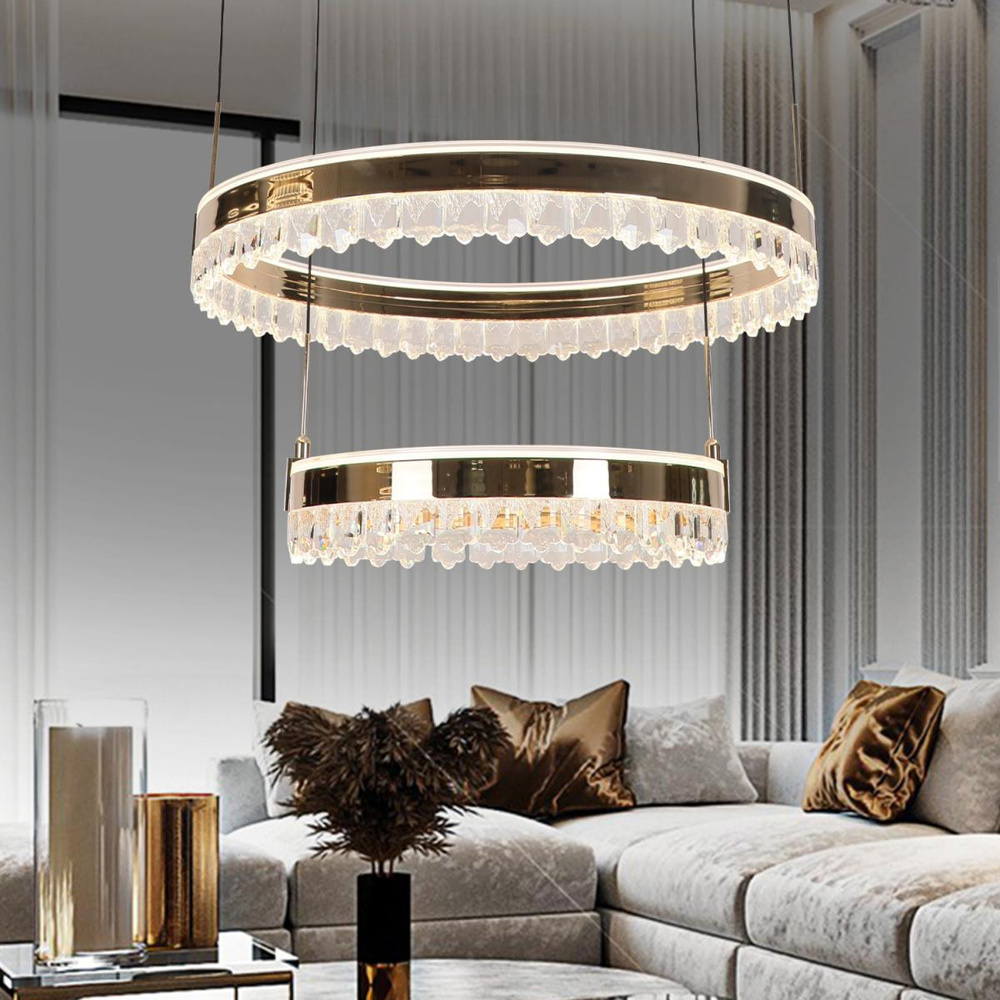 Apliqa Canel Gold İki Katlı 152 Watt Kristal Taşlı Modern Led Sarkıt Avize görseli 1