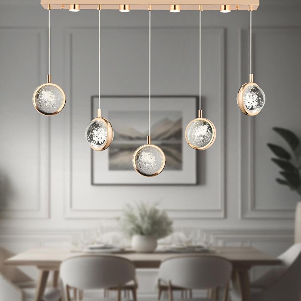Apliqa Eldon 5'li Sıralı 3 Renk 75 Watt Gold Kristal Ledli Modern Oturma Odası Salon Sarkıt Avize görseli 1