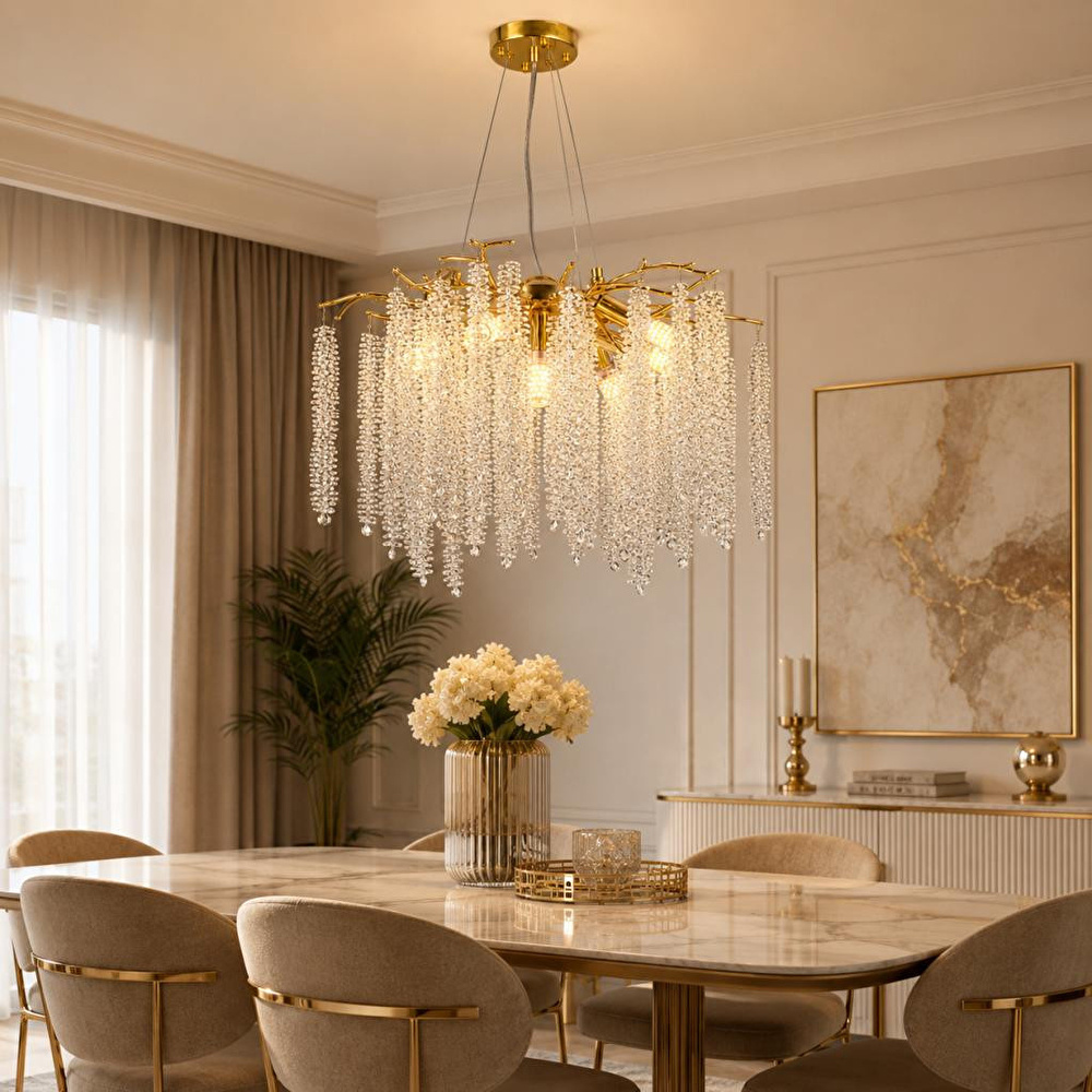 Apliqa Dina Serip Gold Kaplamalı Modern Tasarım Salon Kristal Sarkıt Avize görseli 1