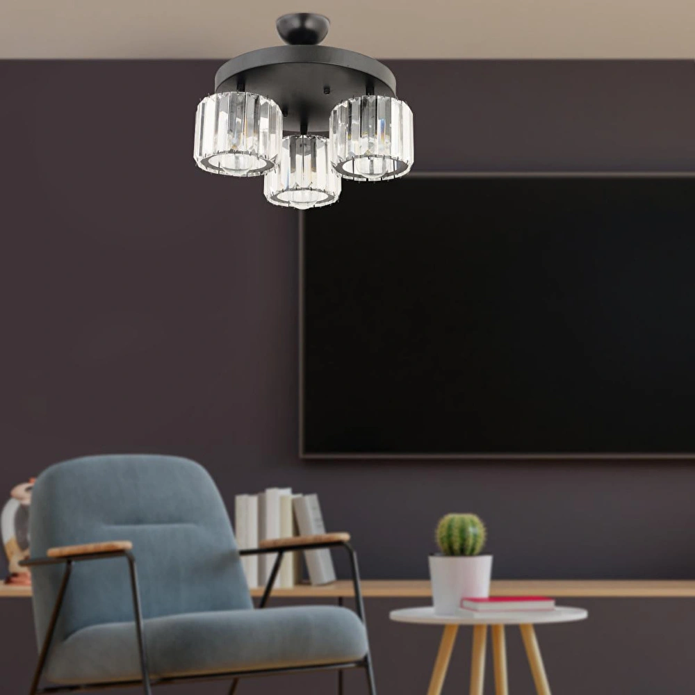Apliqa Sabrina 3lü Siyah Yuvarlak Kristalli Taşlı Modern Tasarım Kristal Salon Plafonyer Avize görseli 1