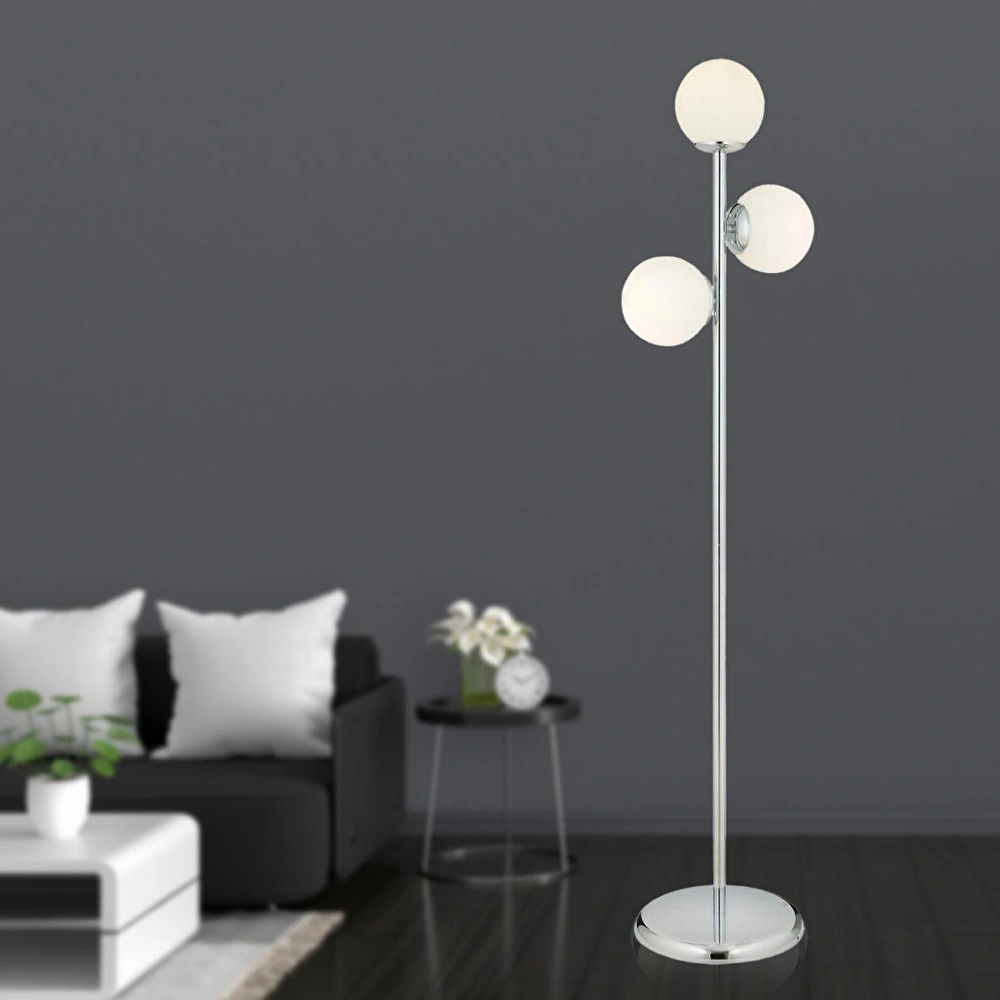 Apliqa Zambak 3 Lü Krom Beyaz Camlı Modern Dekoratif Tasarım Metal Lambader görseli 1