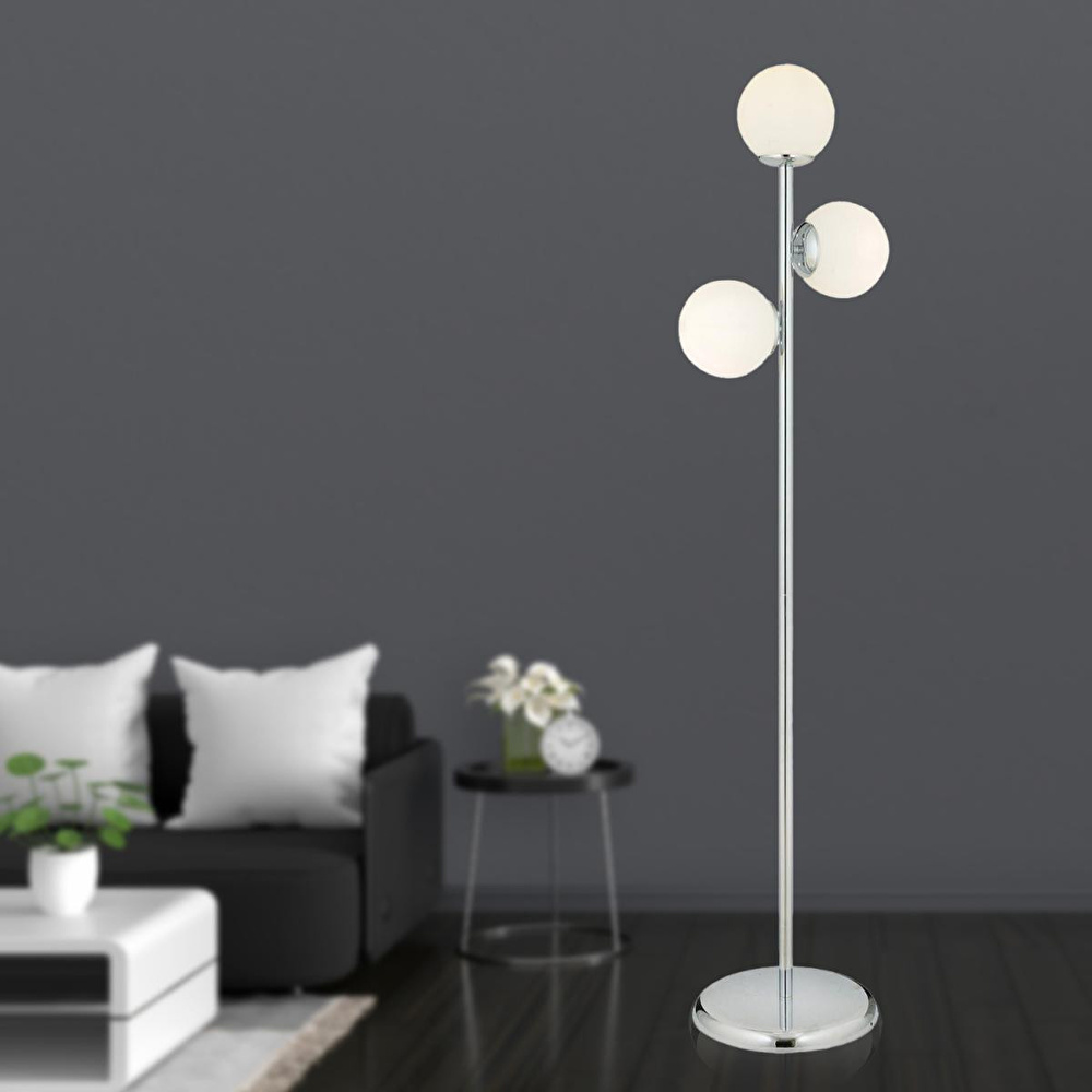Apliqa Zambak 3 Lü Krom Beyaz Camlı Modern Dekoratif Tasarım Metal Lambader görseli 2
