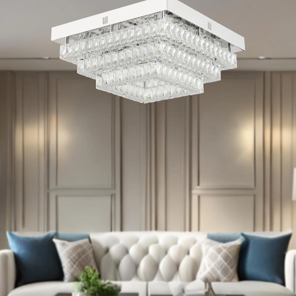 Apliqa Modina 3 Katlı Krom Ledli 3 Renkli 120 Watt Kristalli Taşlı Modern Tasarım Led Kristal Salon Avize görseli 1