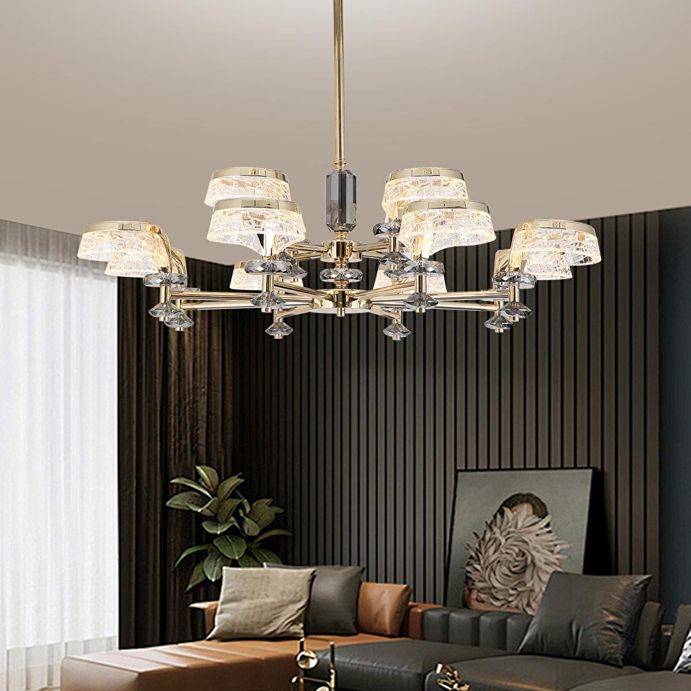 Apliqa Ekerd 12'li Gold 100 Watt Yuvarlak Kristalli Modern Sarkıt Salon Led Avize görseli 1
