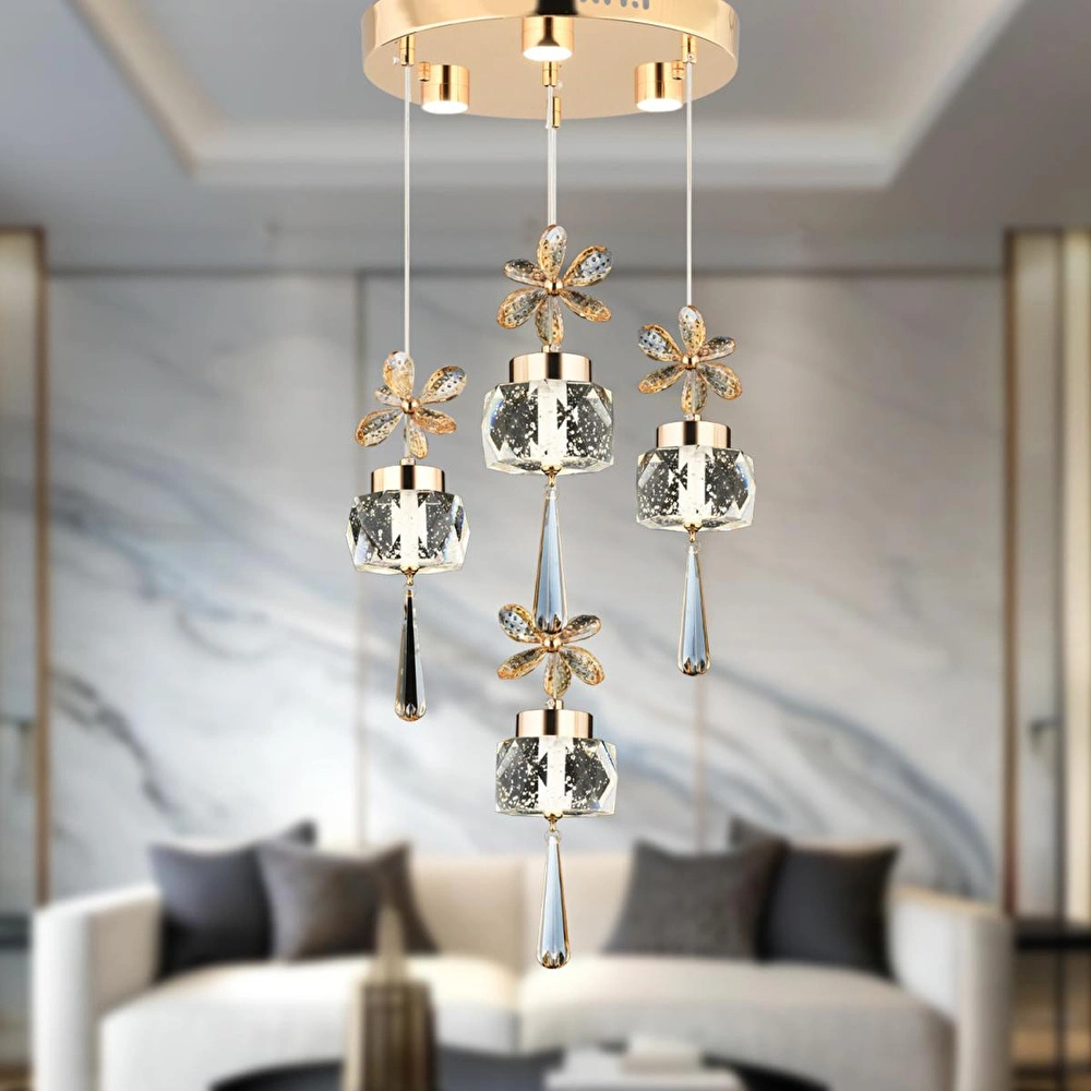 Apliqa Amaris 4'lü Yuvarlak 3 Renkli 52 Watt Gold Kelebek Led Avize Kristal Ledli Modern Oturma Odası Salon Sarkıt Avize görseli 1