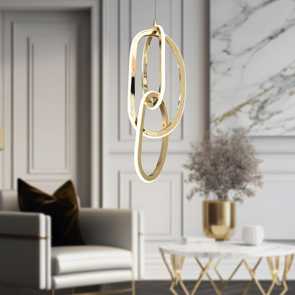 Apliqa Cara Gold Kaplamalı 66 Watt Led Sarkıt Salon 3 Renk Ledli Modern Tasarım Avize görseli 1