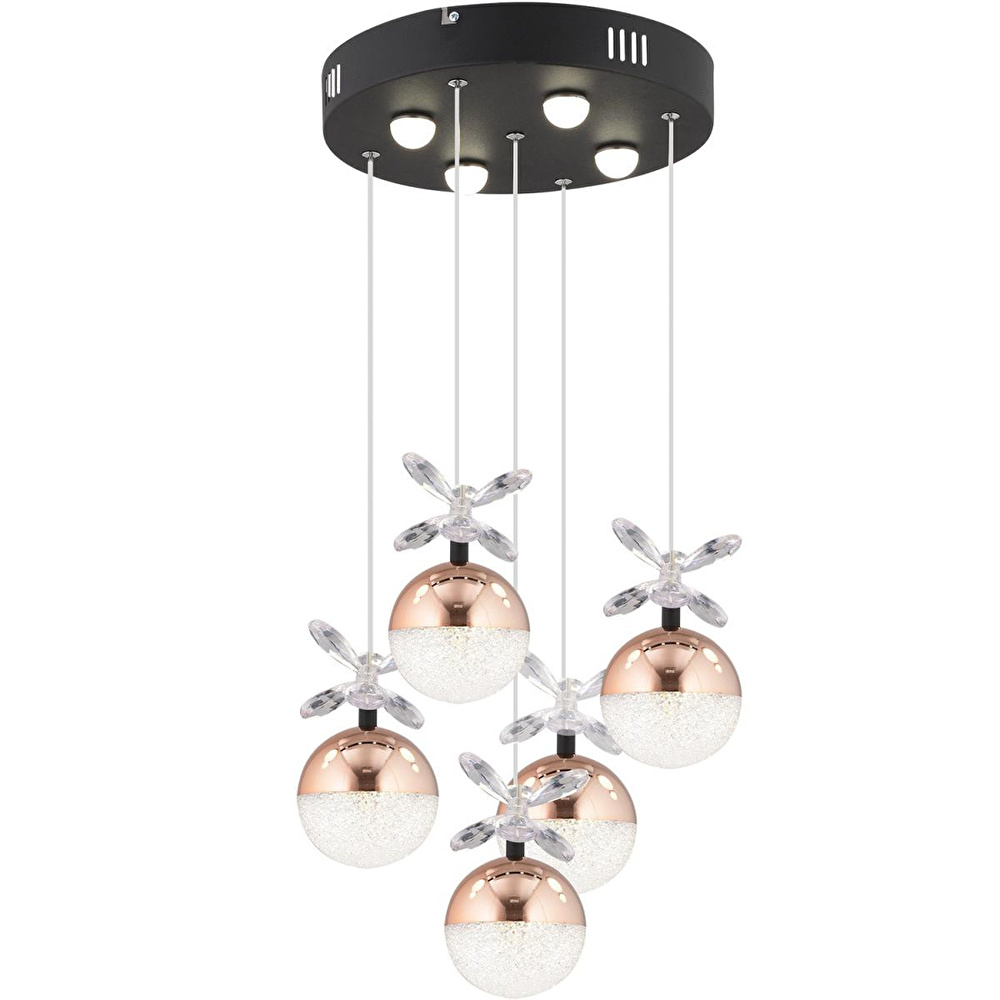 Apliqa Lokken 5'li Yuvarlak 42 Watt Bakır Kristal Ledli Modern Oturma Odası Salon Sarkıt Avize görseli 2