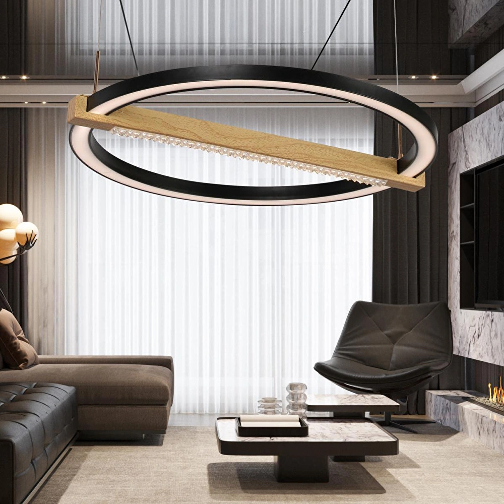 Apliqa April Siyah 58 Watt Yuvarlak Ahşap Desenli Modern Salon Led Sarkıt Avize görseli 1