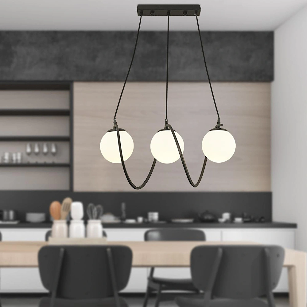 Apliqa Jarry 3lü Beyaz Camlı Siyah Modern Tasarım Yemek Masası Üstü Salon Avize görseli 1