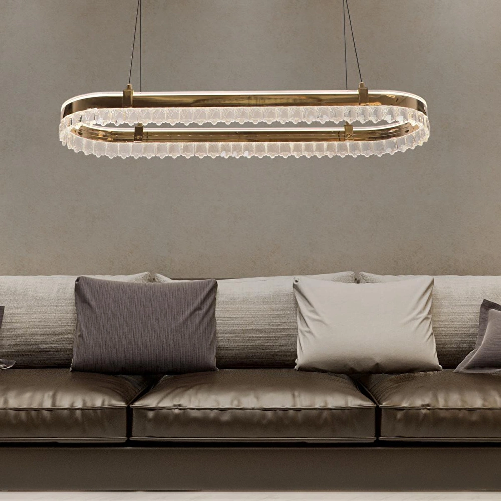 Apliqa Canel Gold Sıralı 116 Watt Kristal Taşlı Modern Yemek Masası Üstü Led Sarkıt Avize görseli 1