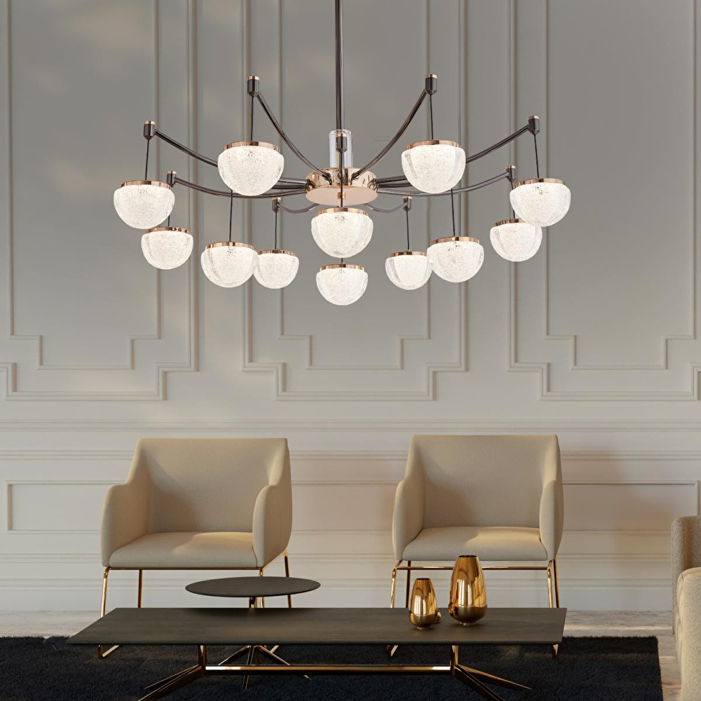 Apliqa Derem 12'li Siyah Gold 160 Watt Yuvarlak Kristal Taşlı Salon Led Sarkıt Avize görseli 1