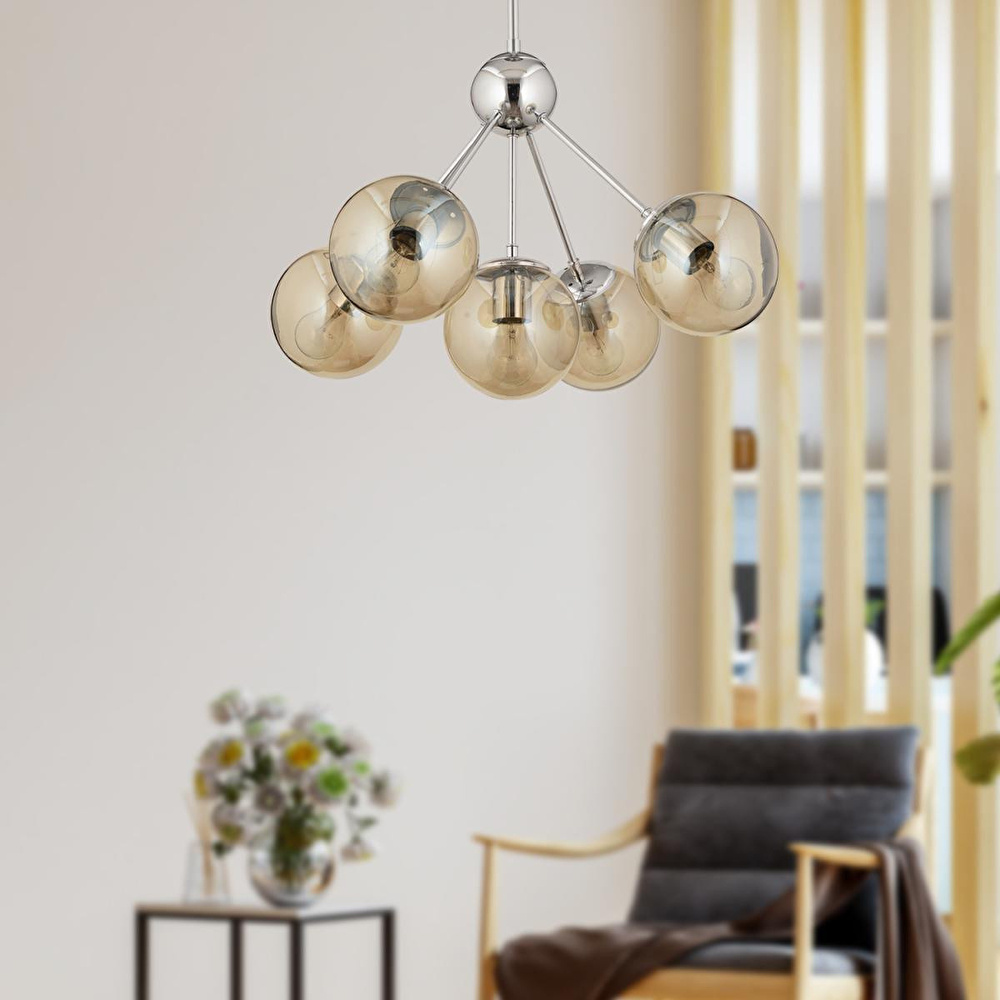 Apliqa Meyo 5li Krom Bal Camlı Modern Genç Odası Yatak Odası Salon Avize görseli 2