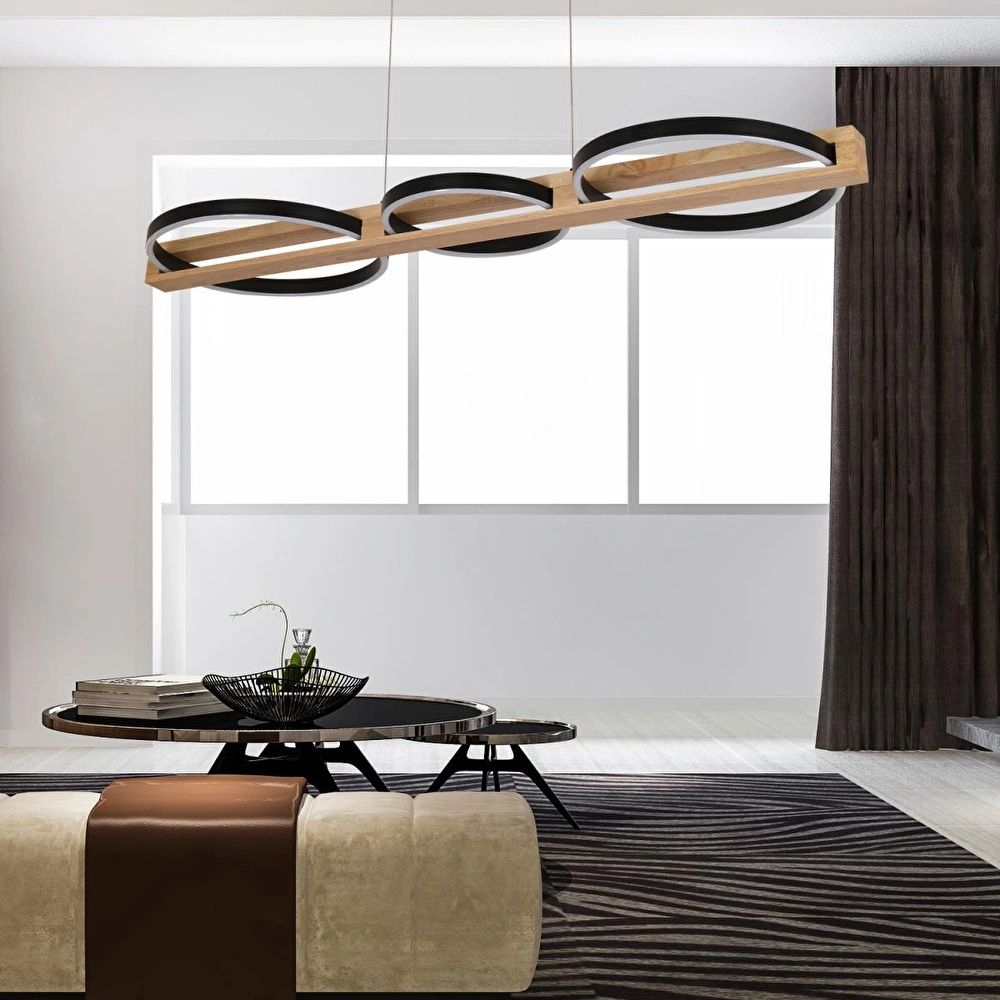 Apliqa Almina 36 Watt Siyah Yuvarlak Sıralı Ahşap Desenli Modern Salon Led Sarkıt Avize görseli 1