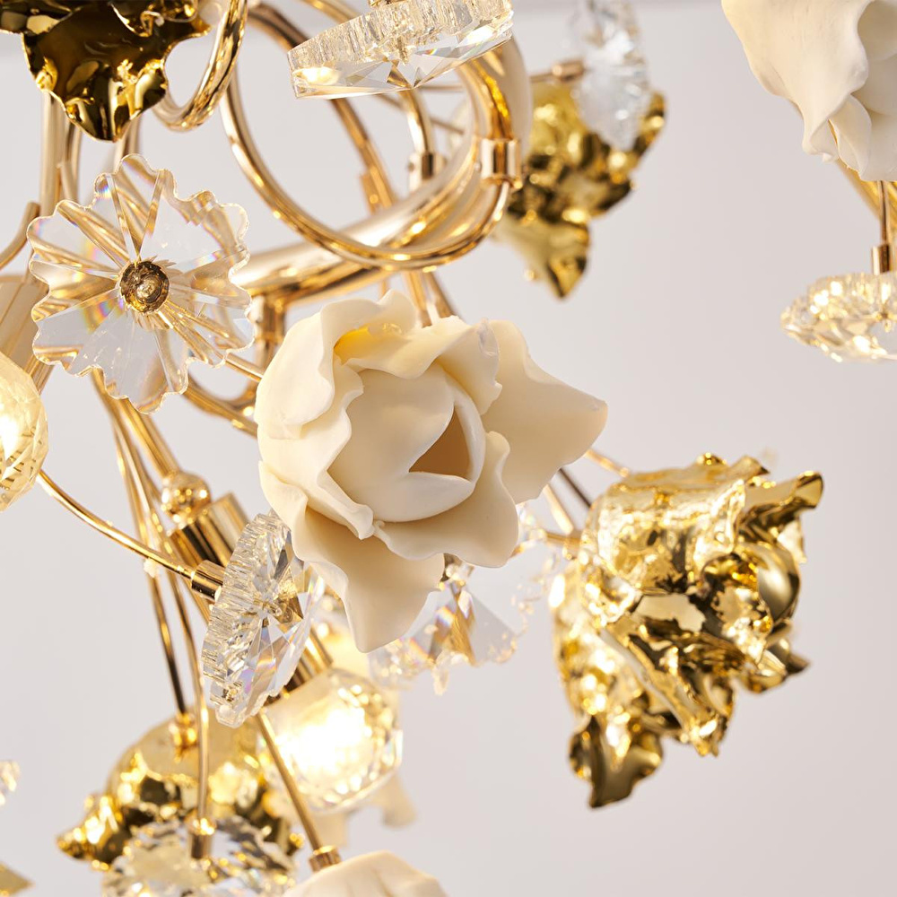 Apliqa Faxon 9'lu Gold Çiçek Desenli Modern Yuvarlak Sarkıt Salon Avize görseli 5