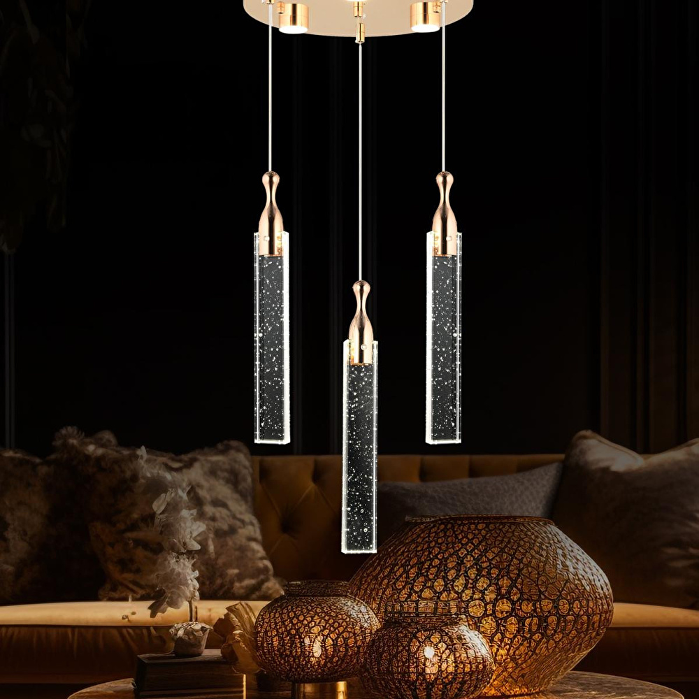 Apliqa Klaus 3'lü Yuvarlak 3 Renkli 48 Watt Gold Kristal Ledli Modern Oturma Odası Salon Sarkıt Avize görseli 1