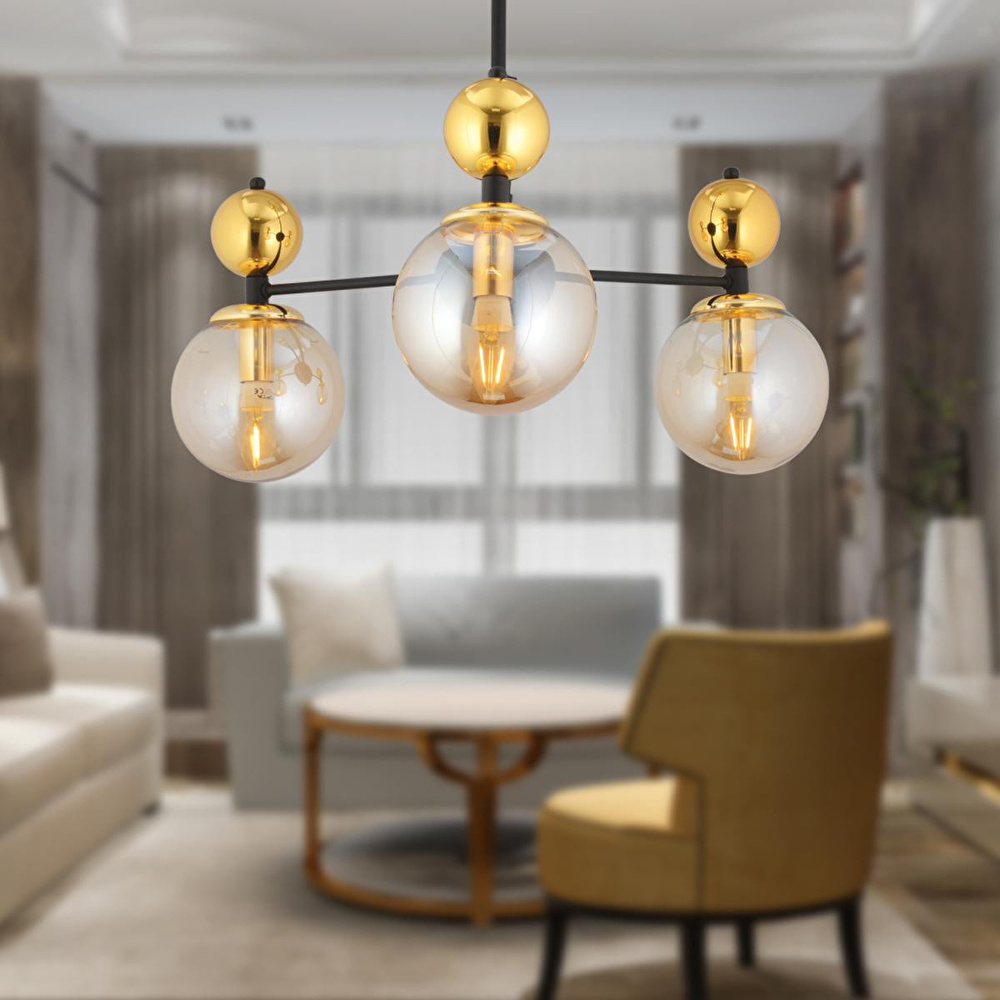 Apliqa Kuvars 3lü Siyah Gold Modern Koridor, Oturma Odası Salon Avize görseli 1