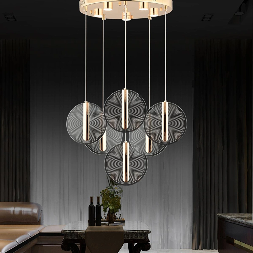 Apliqa Dustin 6'lı Yuvarlak 3 Renk 80 Watt Gold Kristal Ledli Modern Oturma Odası Salon Sarkıt Avize görseli 1