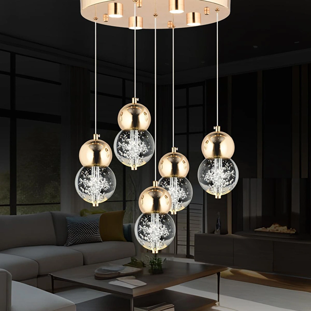 Apliqa Sasha 5'li Yuvarlak 3 Renkli 57 Watt Gold Kristal Ledli Modern Oturma Odası Salon Sarkıt Avize görseli 1