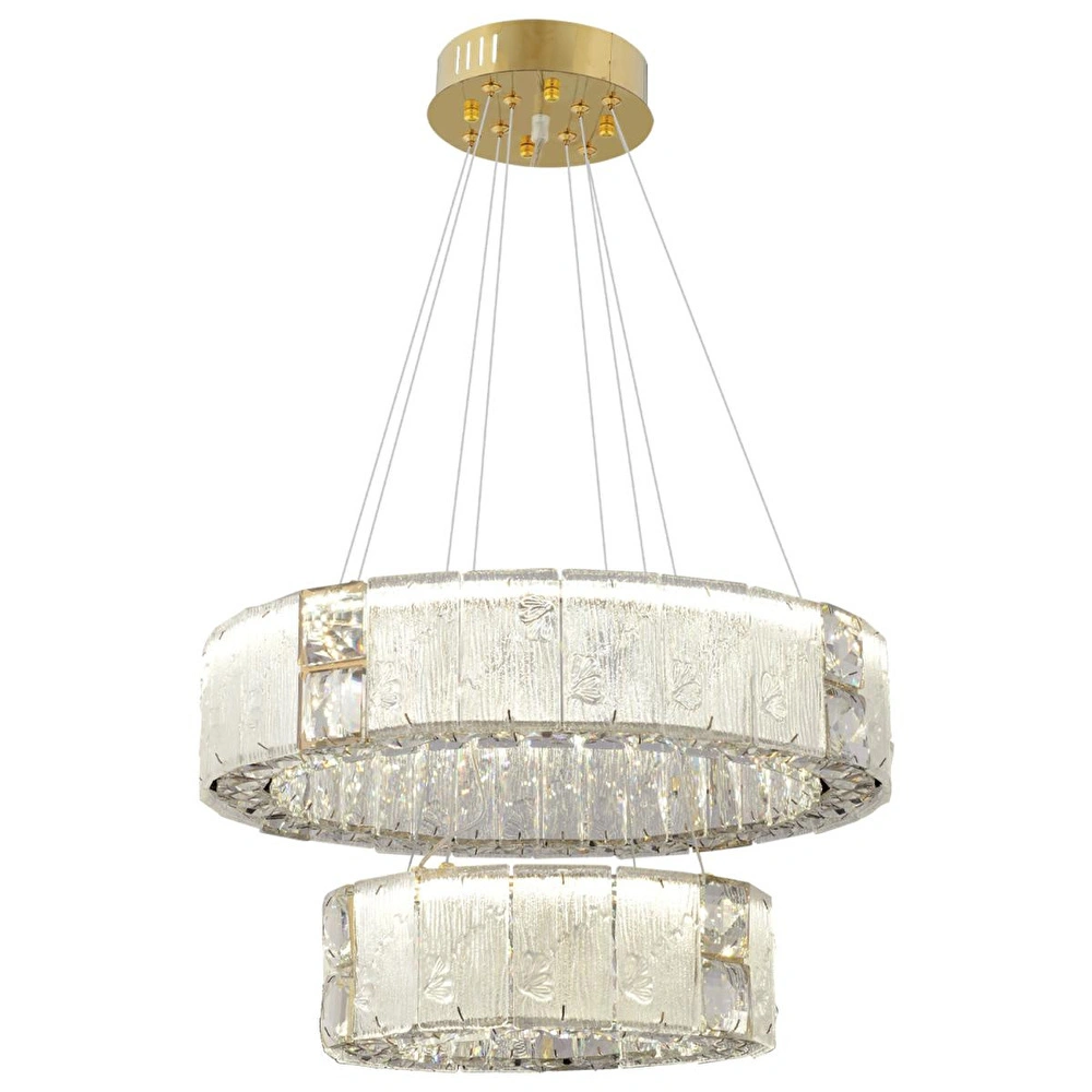 Apliqa Rocco 2 Katlı 3 Renkli Ledli 64 Watt Gold Kaplamalı Kristal Taşlı Sarkıt Led Salon Avize görseli 2