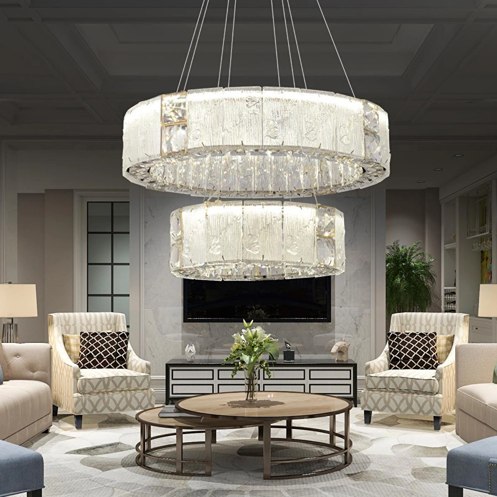Apliqa Rocco 2 Katlı 3 Renkli Ledli 64 Watt Gold Kaplamalı Kristal Taşlı Sarkıt Led Salon Avize görseli 1