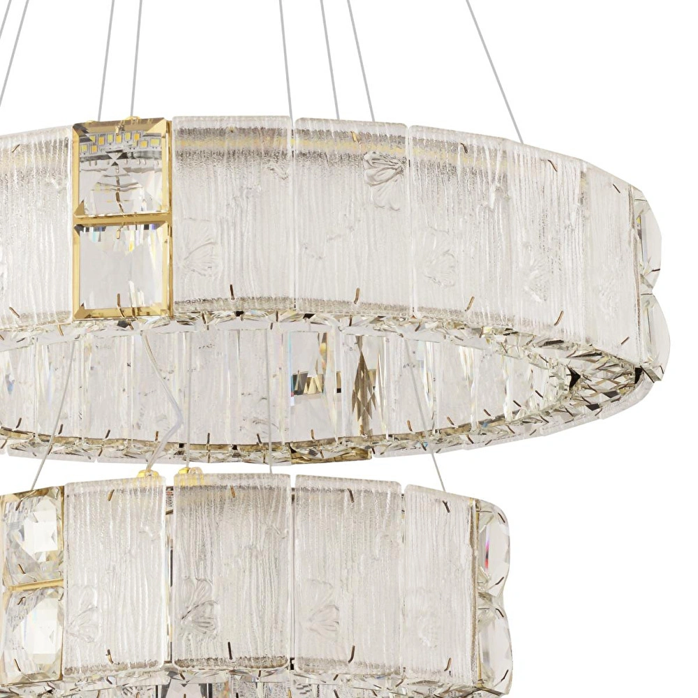 Apliqa Rocco 2 Katlı 3 Renkli Ledli 64 Watt Gold Kaplamalı Kristal Taşlı Sarkıt Led Salon Avize görseli 4