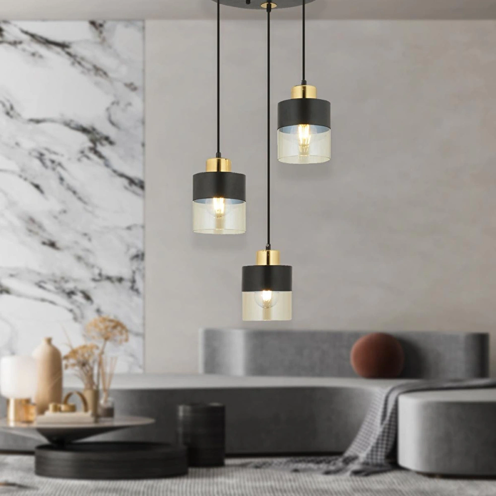 Apliqa Boris 3lü Yuvarlak Siyah Gold Sarkıt Modern Genç Odası Mutfak Retro Salon Avize görseli 3