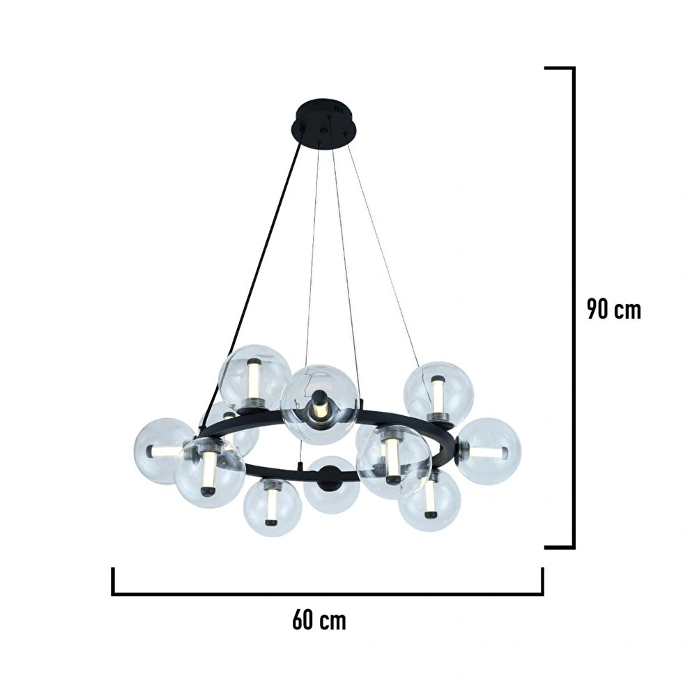 Apliqa Neval 12'li Yuvarlak Siyah 13 Watt Gold Oturma Odası, Salon Sarkıt Avize görseli 3