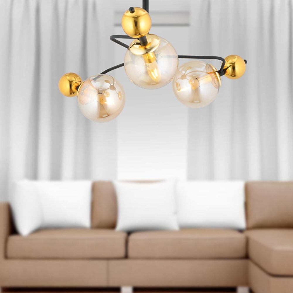 Apliqa Florit 3'lü Siyah Gold Modern Oturma Odası Salon Avize görseli 1