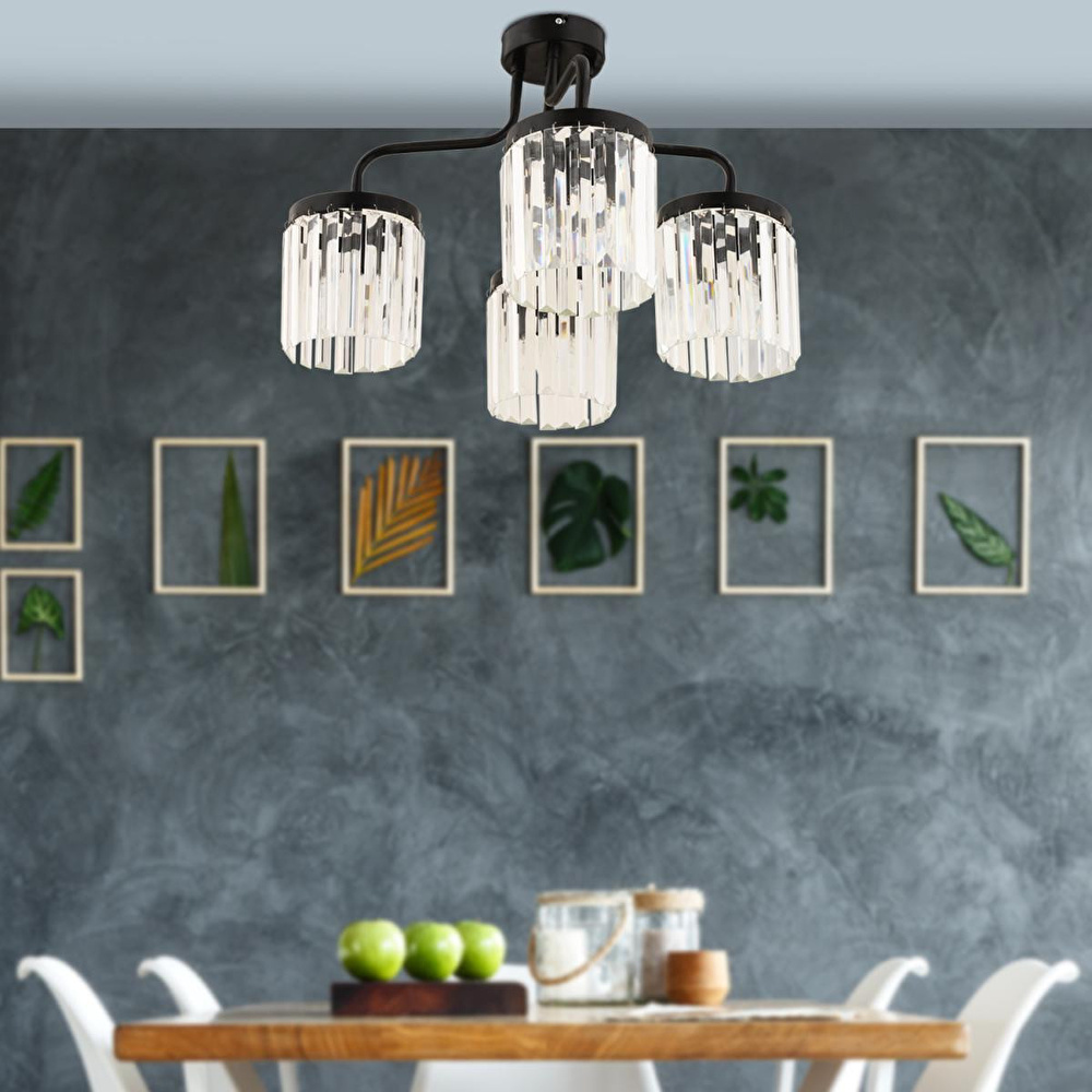 Apliqa Ayan 4lü Siyah Kristalli Taşlı Modern Tasarım Kristal Salon Avize görseli 1