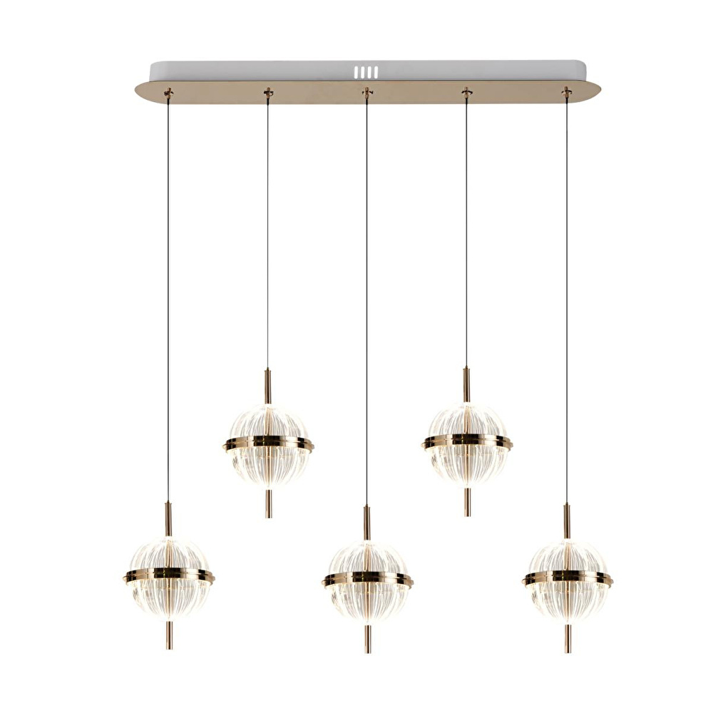 Apliqa Loret 5'li Sıralı 60 Watt Gold Kristalli Modern Salon Yemek Masası Üstü Sarkıt Led Avize görseli 2